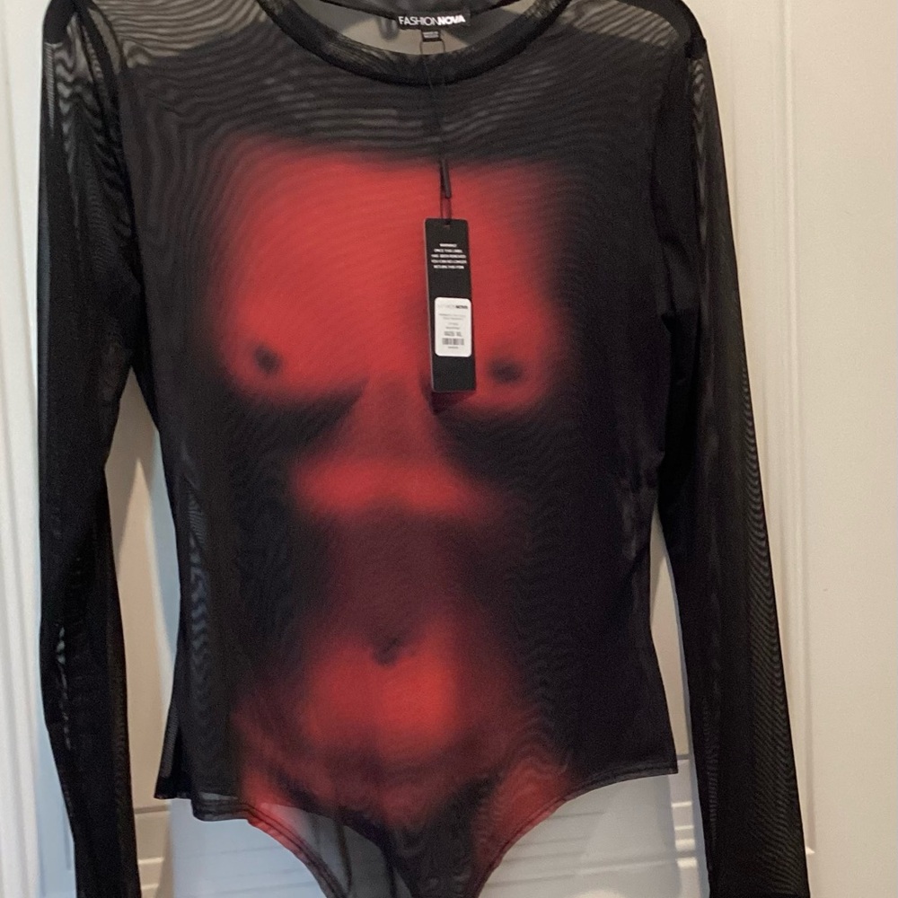 Fashion Nova Red & Black Mesh Bodysuit - Long Sleeve